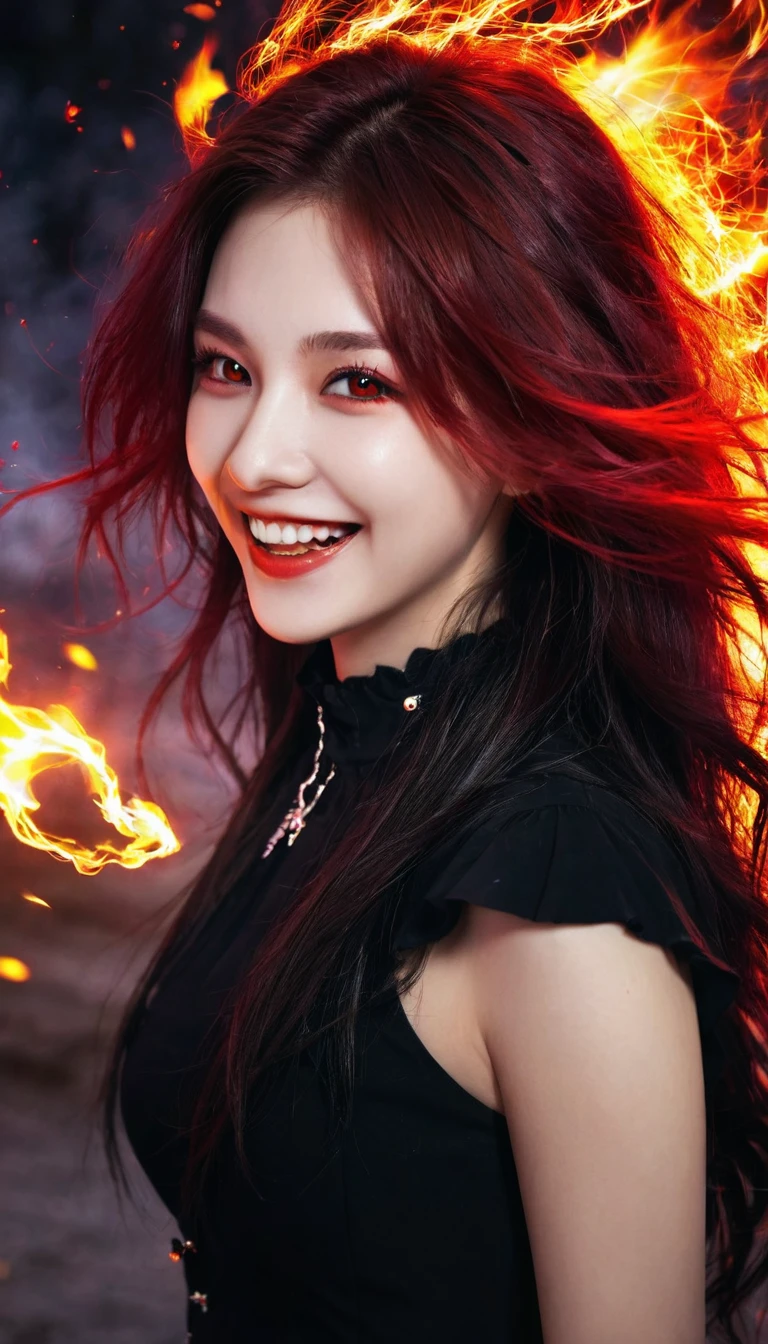 1 Girl, Flying hair, Red Eyes, Fire Witch, Blood on the face, Light Particles, Lightning rays, wallpaper, rich and colorful, High contrast, vampire, giggle, Smile, psychopathic giggle, 病态Smile, Tilting your head