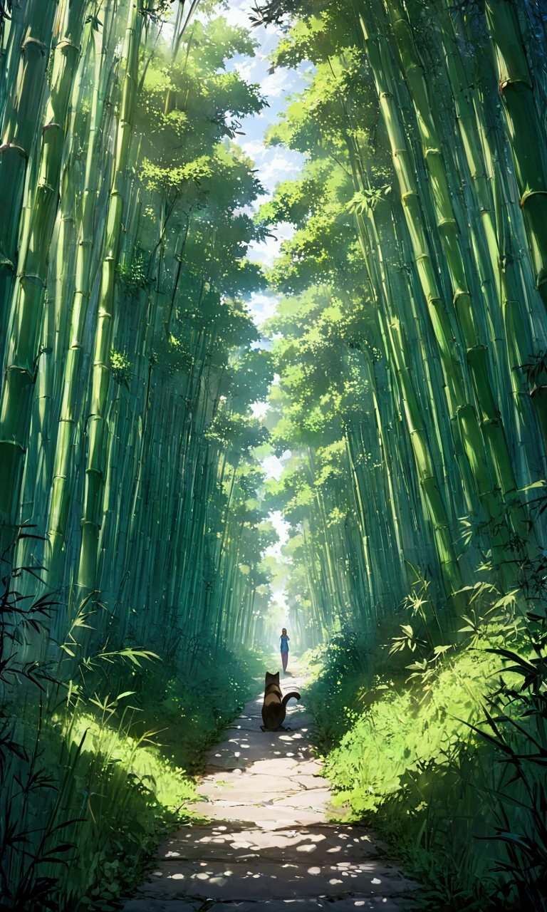 Bamboo grove, This path is densely packed with towering bamboos, giving visitors the feeling of walking through a green tunnel, one girl, one cat,(high quality, ultra detailed, best quality, masterpiece, 4k, bokef effects, taken by750:1.0)