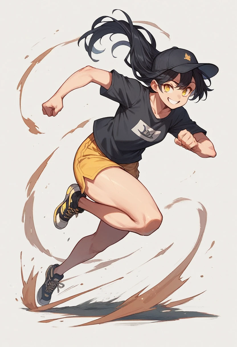 A girl, smile, black hair, big yellow eyes, no body, running, simple white background, with hat
