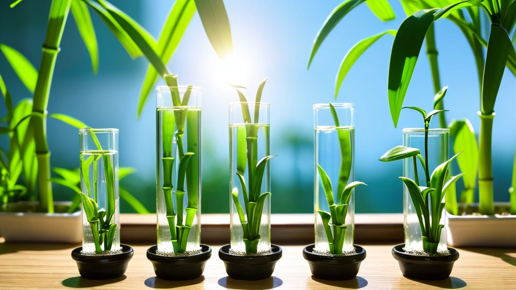 Commercial Product Shots, The light shines, Side light, wallpaper,Ultra-realistic scenes, surrounded with plants, (Green experimental test tube bottle), miniature bamboo bonsai with four water bamboo in one green transparent vase, Sky Background,outside, open air, Simple Background, water, sunlight, Low angle view, Blender, Product Rendering, HD8K, Chinese style, anime