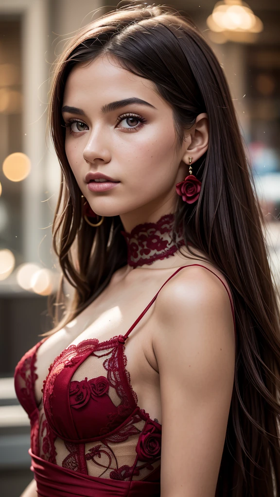 8k, RAW photo, Fujifilm, style photo of a beautiful 16 year old woman, square face, a red rose on the neck, wearing black lace dress with red, golden earrings, strong features like a spinning dove, (highly detailed skin: 1.2), medium brown hair with lights, film grain, 35mm, cute style