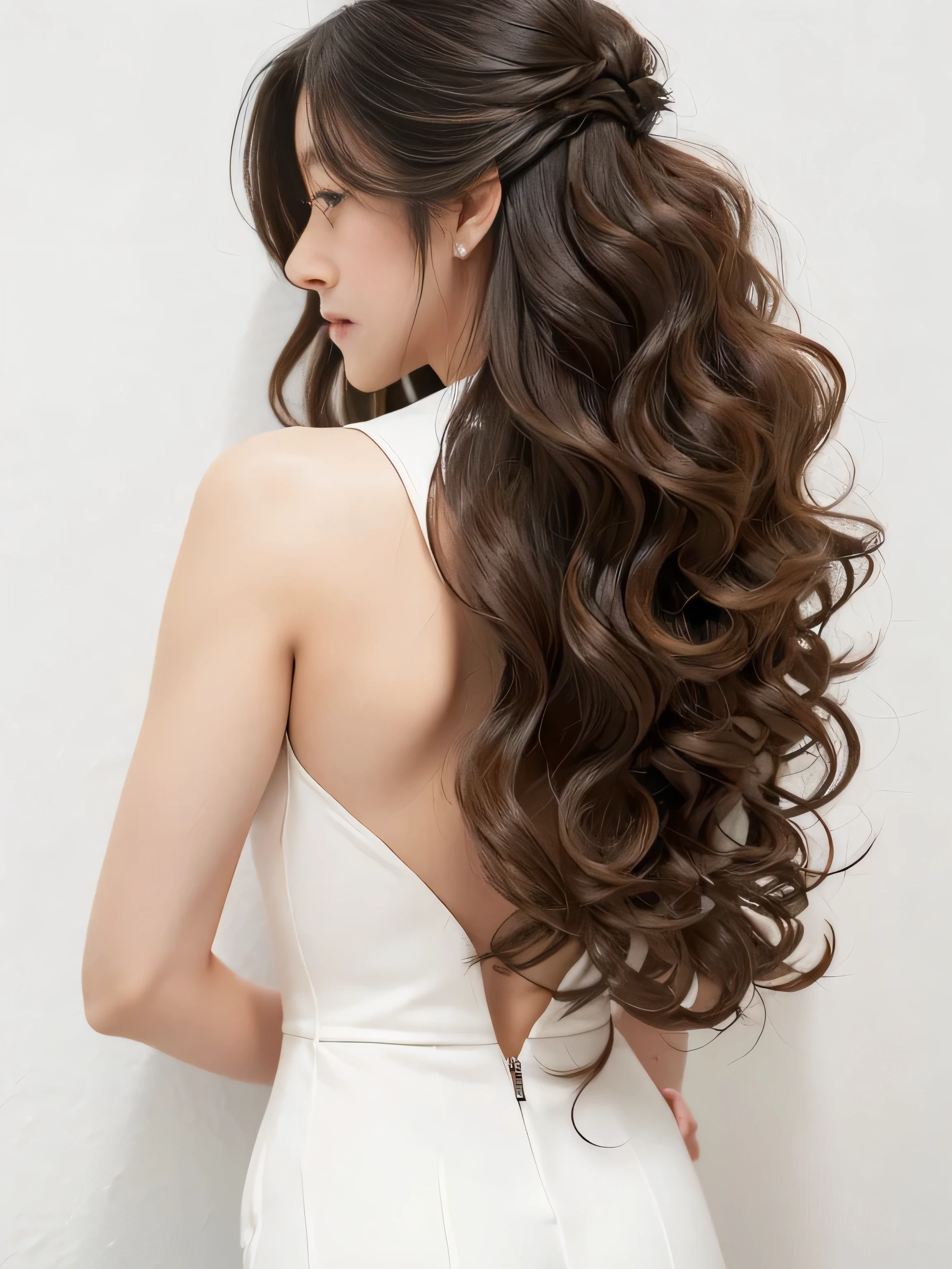 １woman　((Waist up shot:!!!))　(she is standing in front of a white wall、A perfect back view of her back and hair:2.4)　((She has her arms folded in front of her))　((Highest quality)), ((masterpiece)), (Family Friendly), (Get used to it)　(((Her hair color is the perfect light chestnut color..!!!!!)))　(Her bangs are neatly trimmed、Straight down.:1.5)　((Her hair is of the highest quality and detail, beautifully shiny and heavy curly.:1.4))　(Her hair is extremely long and extremely curled.!!!　Her hair is very long, reaching down to her knees.!!!　Her hair is beautiful and silky smooth.Abnormally long hair that reaches down to the knees!!!　Her hair is thick and shiny!!!　Her hair is heavy!!!　Abnormally long hair!!!!!　Her hair is beautiful and shiny!!!　Her hair is extremely long and reaches down to her knees.!!!　Her hair is very long, reaching down to her knees.!!!　Her hair is beautiful and silky smooth.、Long hair that reaches to the knees!!!　Her hair is thick and shiny!!!　Her hair is heavy!!!　Abnormally long hair!!!　Her hair is beautiful and shiny!!!　Her hair is very long, reaching down to her knees.!!!　Her hair is very long, reaching down to her knees.!!!　Her hair is very long, reaching down to her knees.!!!　Very long hair!!!　Heavy curly hair!!!　Heavy curly hair!!!　Heavy curly hair!!!)　(She is the most beautiful 24-year-old hair model in Japan................)　Perfect woman&#39;face　(Her face shape is thinner than average:1.8)　(Her eyes are larger than average:1.8　Her nose is higher than average:1.8)　(She has a typical Japanese build and skin color........, Her skin is very high quality and super high resolution.、very beautiful and glowing skin)　(Her face is dignified and sexy)（She achieved her sensual look with the help of a professional makeup artist.。...　The lipstick is very bright red!!!　Beautifully applied black eyeliner!!!)　((She is wearing a pure white silk dress.))　Perfect woman&#39;face　(She achieved her sexy look with the help of a professional makeup artist.。Lipstick is bright red!!!!!　The eyeliner is a well-drawn black)　((Rich 1.4))　(Extremely detailed 8K)　(Ultra-fine skin texture 1.4)　(current, Vibrant:1.4), 　Sharp focus:1.2、Beautiful woman:1.4　Dynamic Lighting　(Genuine RAW photos taken by professional photographers)　(Surreal photos by professional photographers :1.2)　