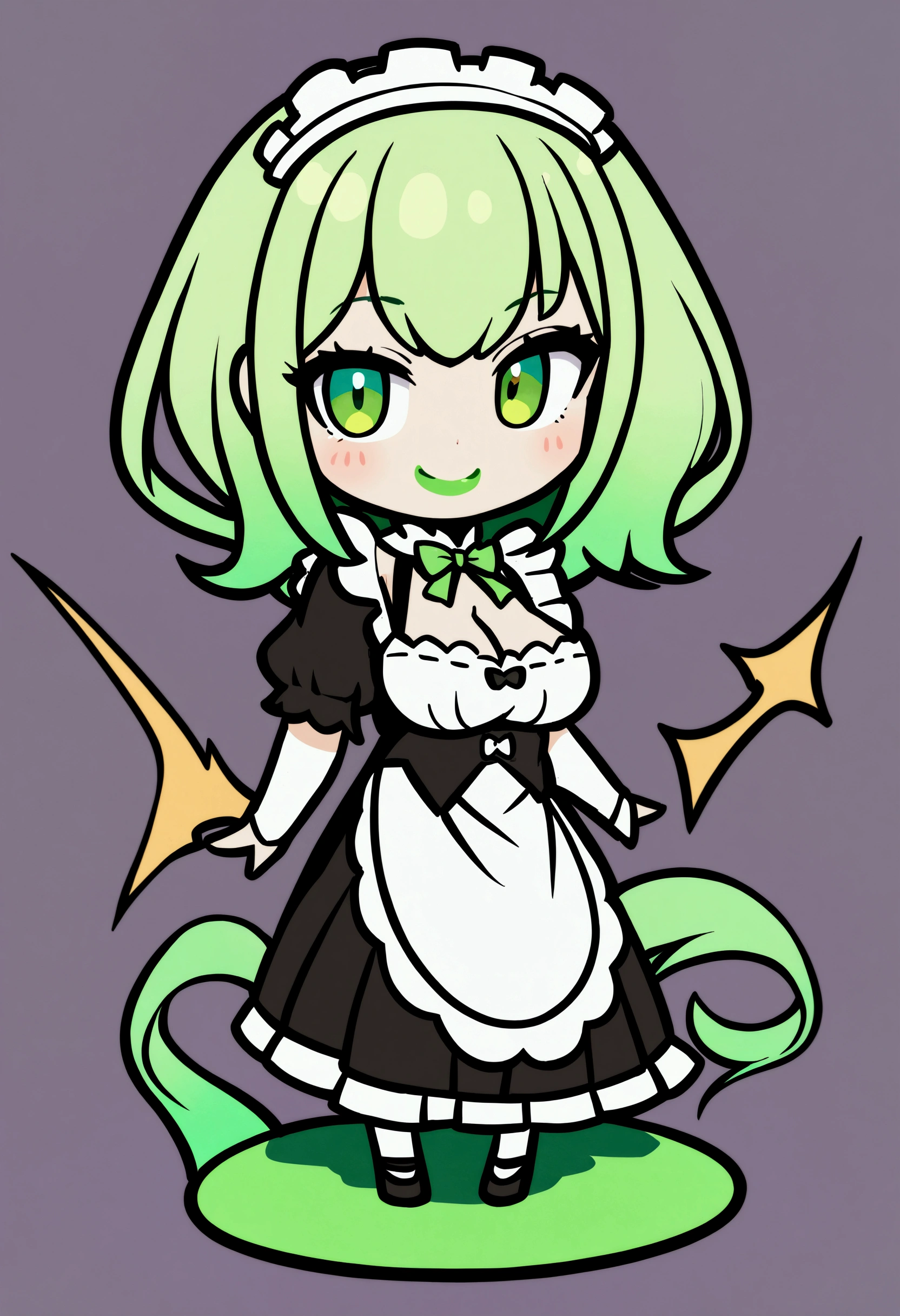 1girl with short green hair, green eyes, green lips, maid uniform, decolletage, big breasts, chibi style, full stand, standing, simple background, smiling