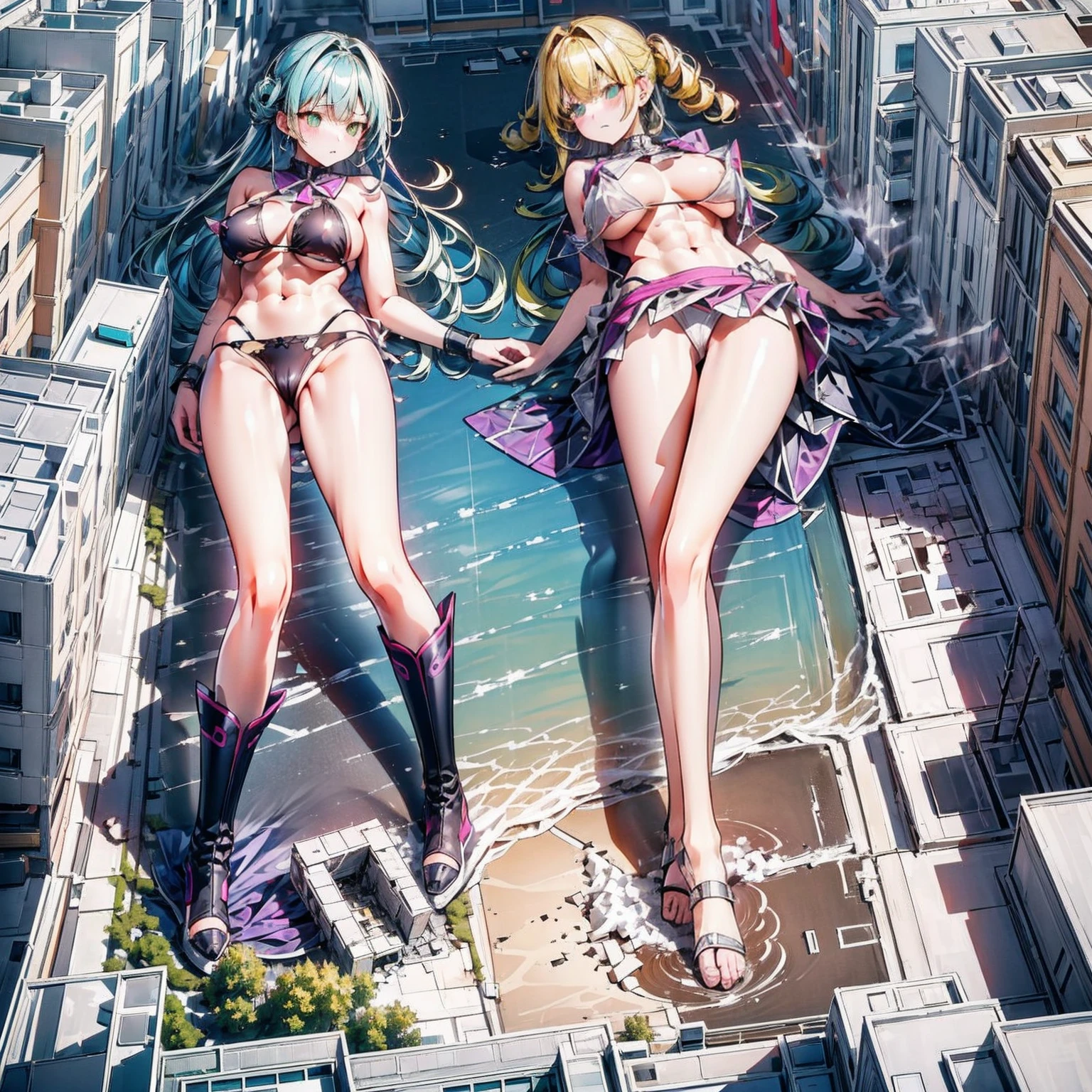 Giantess, long y legs, yellow hair, bikini,lying on top of destroyed buildings, city at her feet burns in flames for the destruction she has caused, tiny people climb on her body to try to defeat her uselessly. Giantess, goddess, macrophilia, curvaceous body, henetish, sexy legsikini, high heels, high quality, tiny people, people climbing body, giantess body, small people
