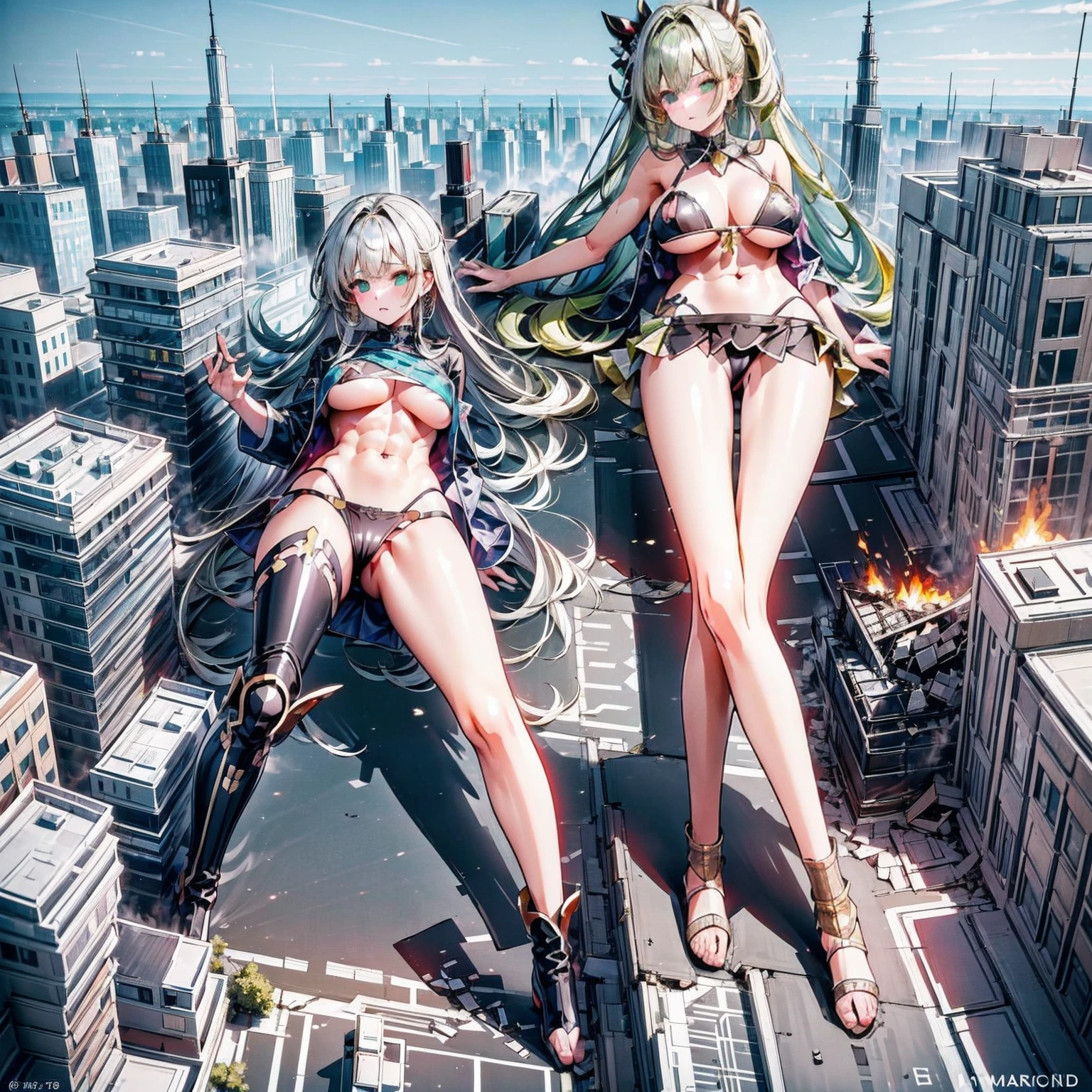 Giantess, long sexy legs, yellow hair, bikini,lying on top of destroyed buildings, city at her feet burns in flames for the destruction she has caused, tiny people climb on her body to try to defeat her uselessly. Giantess, goddess, macrophilia, curvaceous body, hentai, fetish, sexy legs, bikini, high heels, high quality, tiny people, people climbing body, giantess body, small people