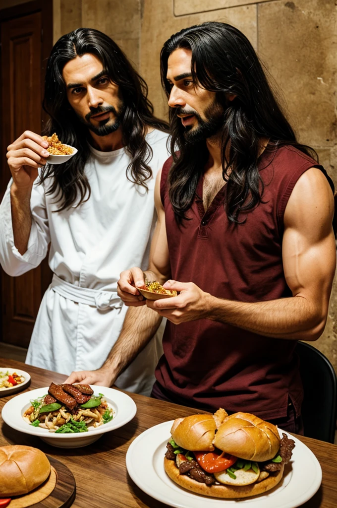 Jesus and Satan eating food
