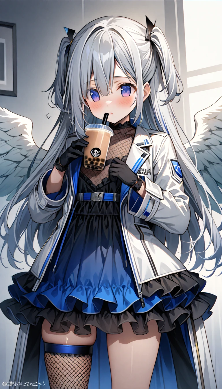 best quality,ultra detailed,extremely detailed and beautiful,perfect anatomy,perfect hands,(amane kanata)+++, angel, angel_wings, asymmetrical hair,silver hair,mesh (blue), very long hair, two side up,flat chest,(black frill dress)+,black gloves, (white jacket)+++,opened jacket,asymmetrical legwear,bubble tea challenge,