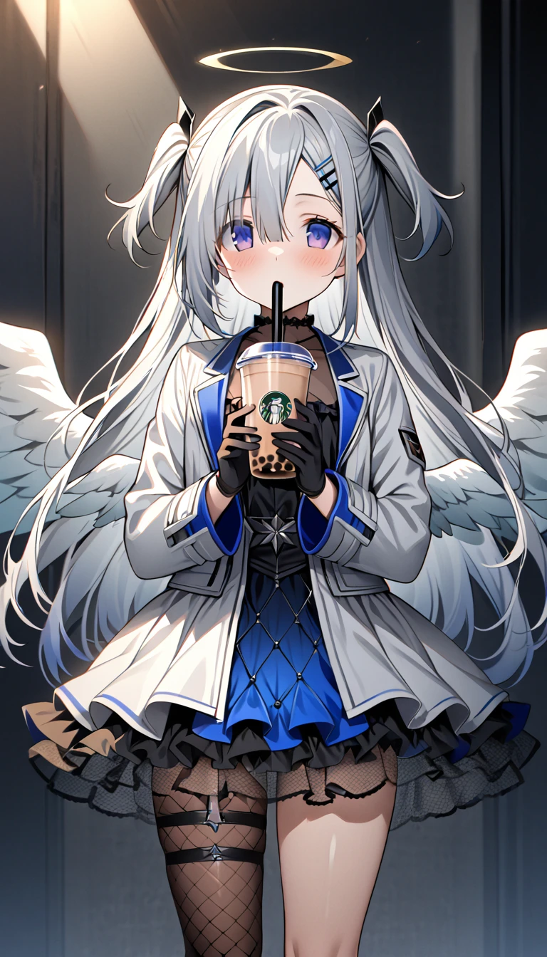 best quality,ultra detailed,extremely detailed and beautiful,perfect anatomy,perfect hands,(amane kanata)+++, angel, angel_wings, asymmetrical hair,silver hair,mesh (blue), very long hair, two side up,flat chest,(black frill dress)+,black gloves, (white jacket)+++,opened jacket,asymmetrical legwear,bubble tea challenge,