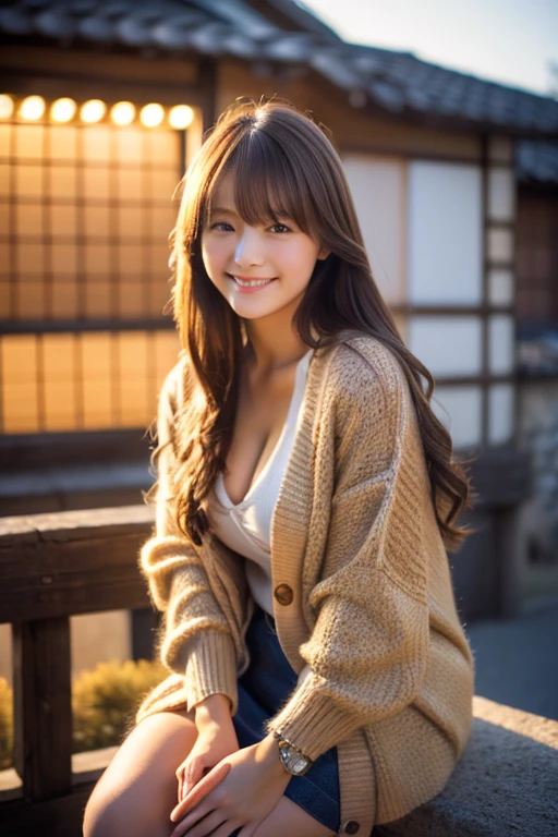 Highest quality ,masterpiece,Ultra-high resolution, very beautidebtul, cute, (Photo Real:1.4), One girl, Japanese, Knee, Long Hair, Brown Hair, View your viewers, Cleavage, smile, Wear a cardigan, Outdoor, Cinematic, 35mm lens, debt/ 1. 8, Accent lighting, 8K,