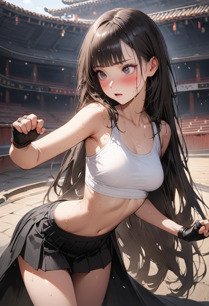 ((masterpiece,Highest quality:1.3,best quality illustration)),(realistic),cowboy shot,独奏,1woman,18 year old beauty,black hair,long hair,bangs,black eyes,gorgeous big eyes,((very small head:1.3)),blush,((very long body:1.2,skinny)),medium breasts,White tube top shirt、navel、Black pleated mini skirt,Brown leather fingerless gloves、sweat,in heat,gleaming skin,toned body,slender body、Martial arts stance,standing,Martial Arts Matches、amphitheater、