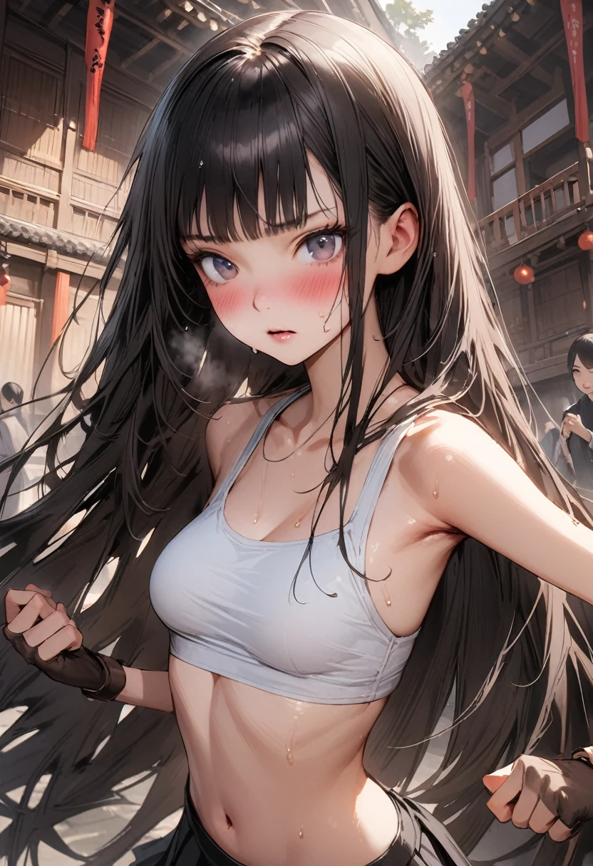 ((masterpiece,Highest quality:1.3,best quality illustration)),(realistic),cowboy shot,独奏,1woman,18 year old beauty,black hair,long hair,bangs,black eyes,gorgeous big eyes,((very small head:1.3)),blush,((very long body:1.2,skinny)),medium breasts,(Injury、Torn clothing)、White tube top shirt、navel、(Black pleated mini skirt),Brown leather fingerless gloves、sweat,in heat,gleaming skin,toned body,slender body、Martial arts stance,standing,Martial Arts Matches、amphitheater、