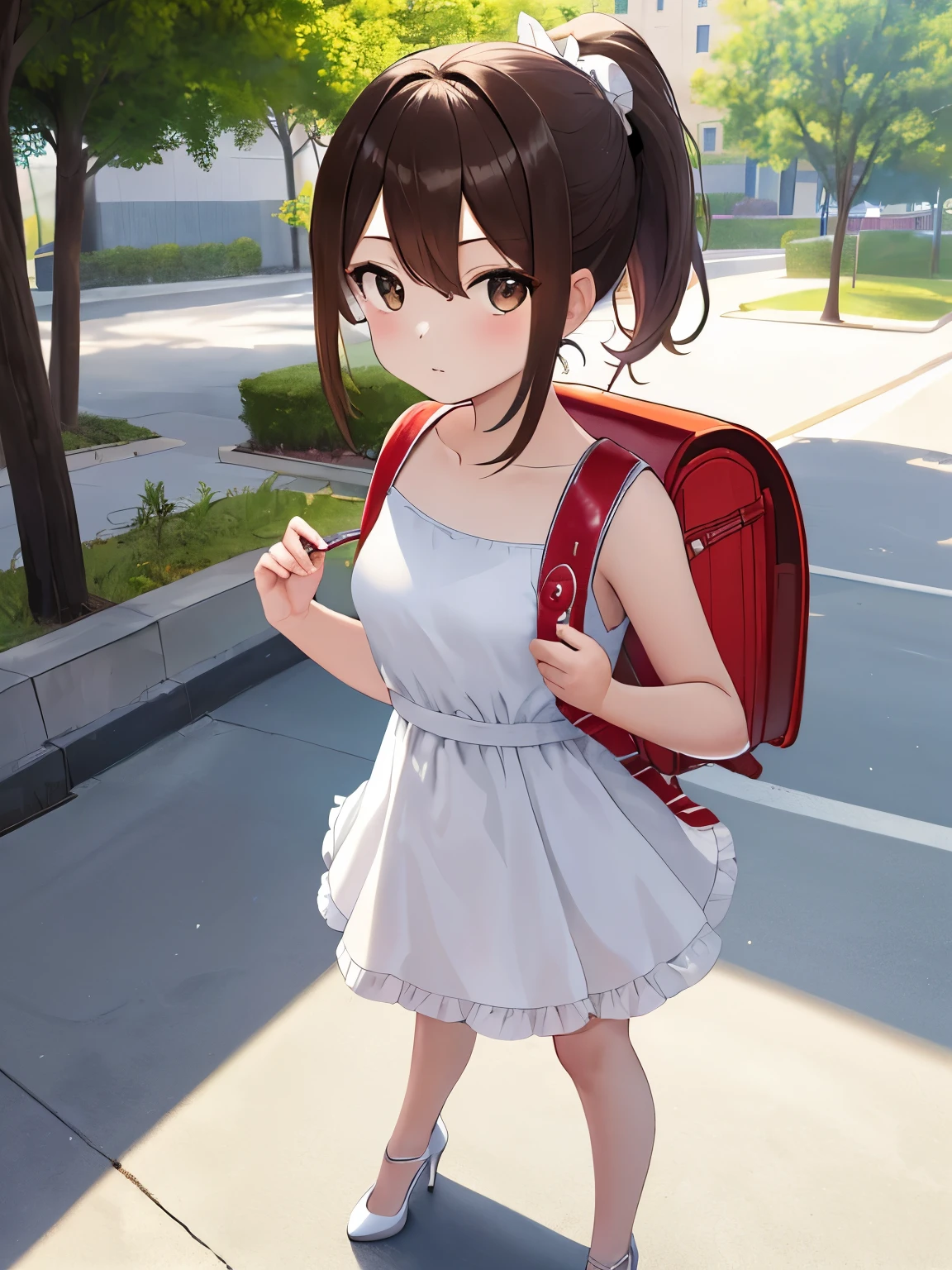 Masterpiece, Best Quality, Hi-Res, 1 Girl, Solo, ssmall Breasts, Brown Hair, Brown Eyes, Short Hair, ponytail, Hair Between Eyes, Floating Hair, wear white dress,sleeveless dress, standing, wear high heel, fullbody, wearing randoseru backpack, (backpack:1.2),  daytime, park