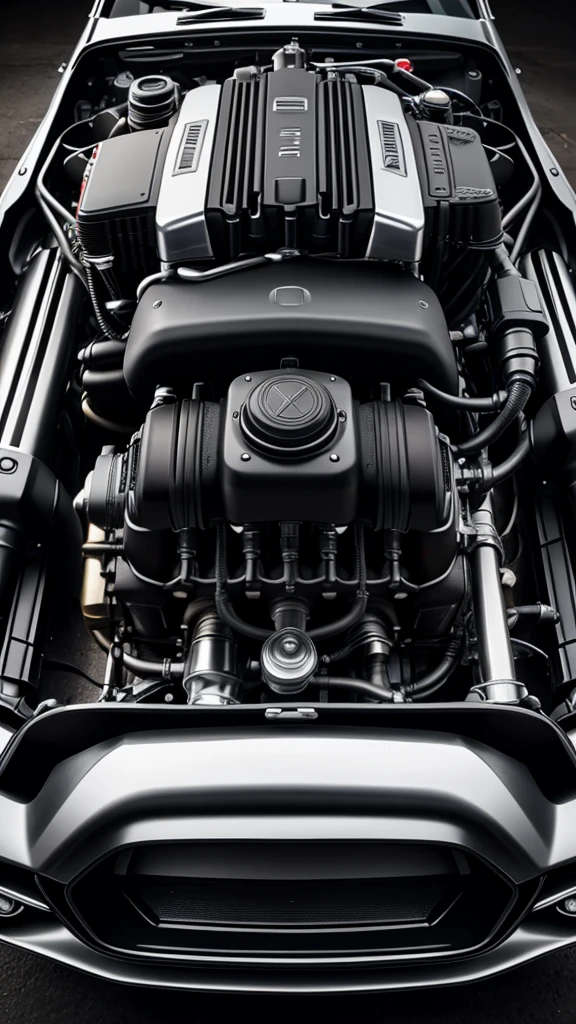 V8 twin turbo engine with black color engine block and silver headcover