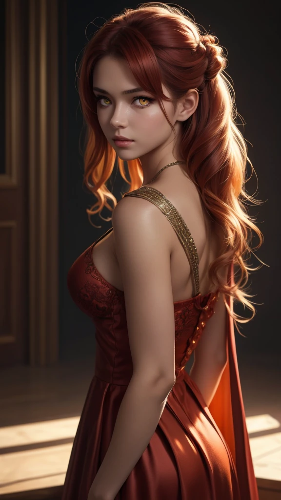 Russian girl, sexy girl, voluminous breasts, 25 year old girls, Divine face, Beauty faces, high detail, Lip beauty, Photorealistic, Ultra realistic, Background, rtx on, color correction, perspective, depth of field, line of sight, tonal colors, 8 k, Full HD, perfectionism, rim lighting, daylight, soft lighting, Accent lighting, Diffraction assessment, hot woman , Super detailed, (( Detailed Beautiful bright-orange Eyes )) , orange-Red hair, long wavy hair, ( fantasy aristocratic red dress )