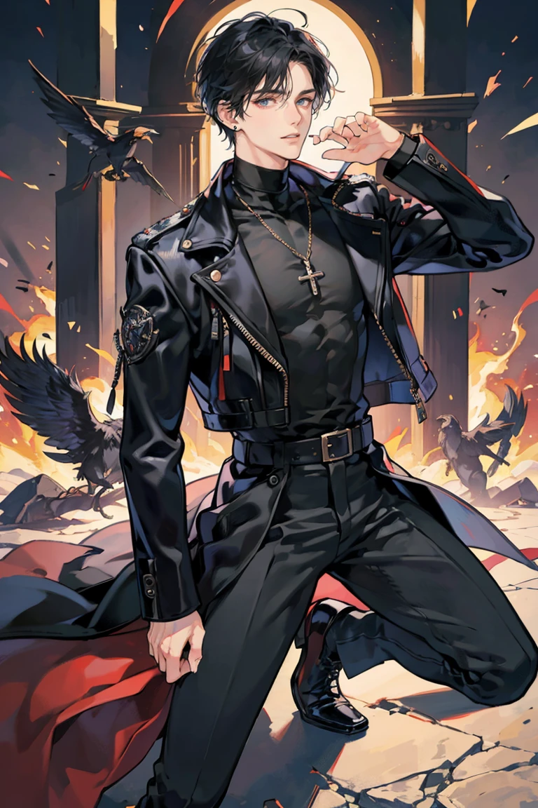 (masterpiece), best quality, seductive eyes, perfect face, handsome man, black eyes, short messy middle part black hair, long nose, plain black turtleneck, black leather jacket, black fitted pants, full body, tall man, long legs, anime cover, 1boy, ear piercings, hands in pockets, adult-like look, bad boy, the background is an exploding tower with the entire city burning

