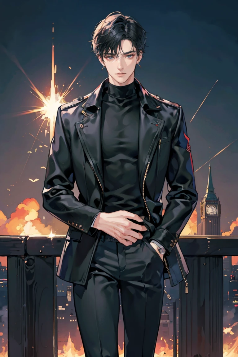 (masterpiece), best quality, seductive eyes, perfect face, handsome man, black eyes, short messy middle part black hair, long nose, plain black turtleneck, black leather jacket, black fitted pants, full body, tall man, long legs, anime cover, 1boy, ear piercings, hands in pockets, adult-like look, bad boy, the background is an exploding tower with the entire city burning
