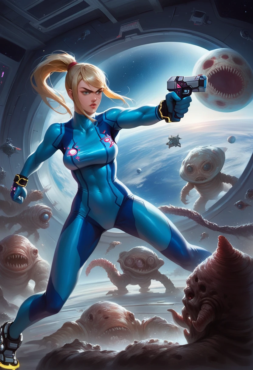 background
inside a space station.1girl, 1monster, Samus Aran, Samus fight with monster, Samus Aran Vs Monster, fighting, realistic, blondie, source_anime, space station, detailing painting