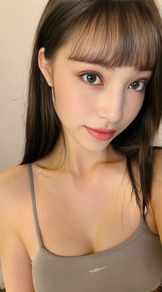 ((Highest quality, 8K, masterpiece :1.3)), One girl, Beautiful woman with well-defined abdominal muscles: 1.3, whole body, (Long Hair, Big Breasts: 1.2), Oversized tank top: 1.2, Very delicate face, Delicate eyes, double eyelid, smile, Home, Random color clothes