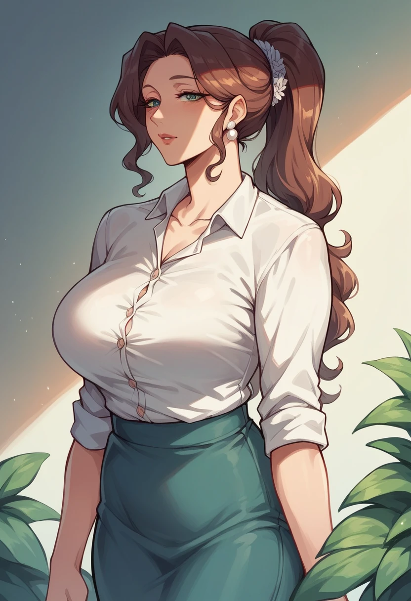 Lovely face,adult,Coquettish,mature,simple outfit,elegance,ponytail hair ,skirt, shirt,kabedon