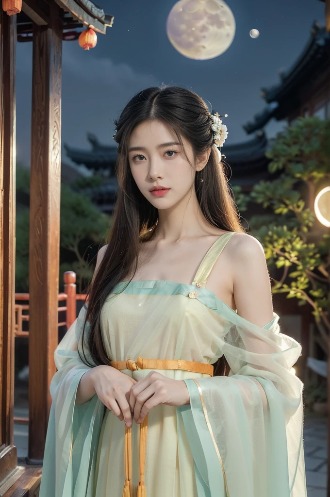 (((best quality))),(((ultra detailed))),(((masterpiece))),illustration,((1 beautiful girl,solo)),(shoulder-length straight hair:1.2),((bright eyes,gentle smile)),((slim,thin)),((small breasts,flat chest)),(white see through sheer Hanfu:1.3),flowing fabric,slender physique,serene demeanor,lush greenery,vibrant plants and trees,(Chinese-style architecture:1.3),tile roofs,intricate wooden carvings,rich and vivid colors,(serene glow of the moon:1.5),(((colorful clouds))),traditional Chinese garment,(((summer night,village courtyard))),((from front,upper body))