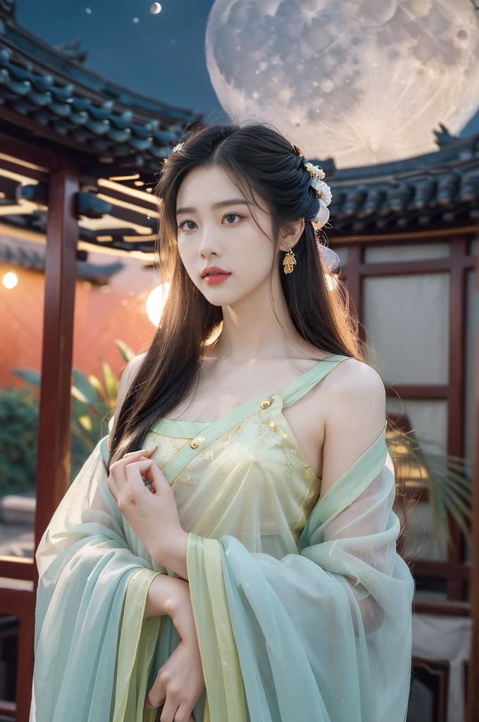 (((best quality))),(((ultra detailed))),(((masterpiece))),illustration,((1 beautiful girl,solo)),(shoulder-length straight hair:1.2),((bright eyes,gentle smile)),((slim,thin)),((small breasts,flat chest)),(white see through sheer Hanfu:1.3),flowing fabric,slender physique,serene demeanor,lush greenery,vibrant plants and trees,(Chinese-style architecture:1.3),tile roofs,intricate wooden carvings,rich and vivid colors,(serene glow of the moon:1.5),(((colorful clouds))),traditional Chinese garment,(((summer night,village courtyard))),((from front,upper body))