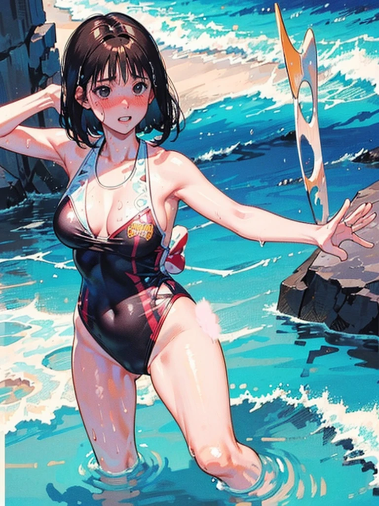 Random patterned swimsuit、Random patterned swimsuit,Swimsuit,Blushing、Medium Hair、Black Hair、Black Eyes、Head to toe full body、Blushing、Embarrassed look、Composition from the front、A view from slightly below、school swimwear、Acme Face、Random pose、, 、nsfw、Highest quality、1 girl、独奏、Ocean、Sandy Beach、Sexy pose、Random pose、Blushing、wet、Embarrassed、I can see half of my 、、One piece swimsuit、(Strap slip:1.3)、
