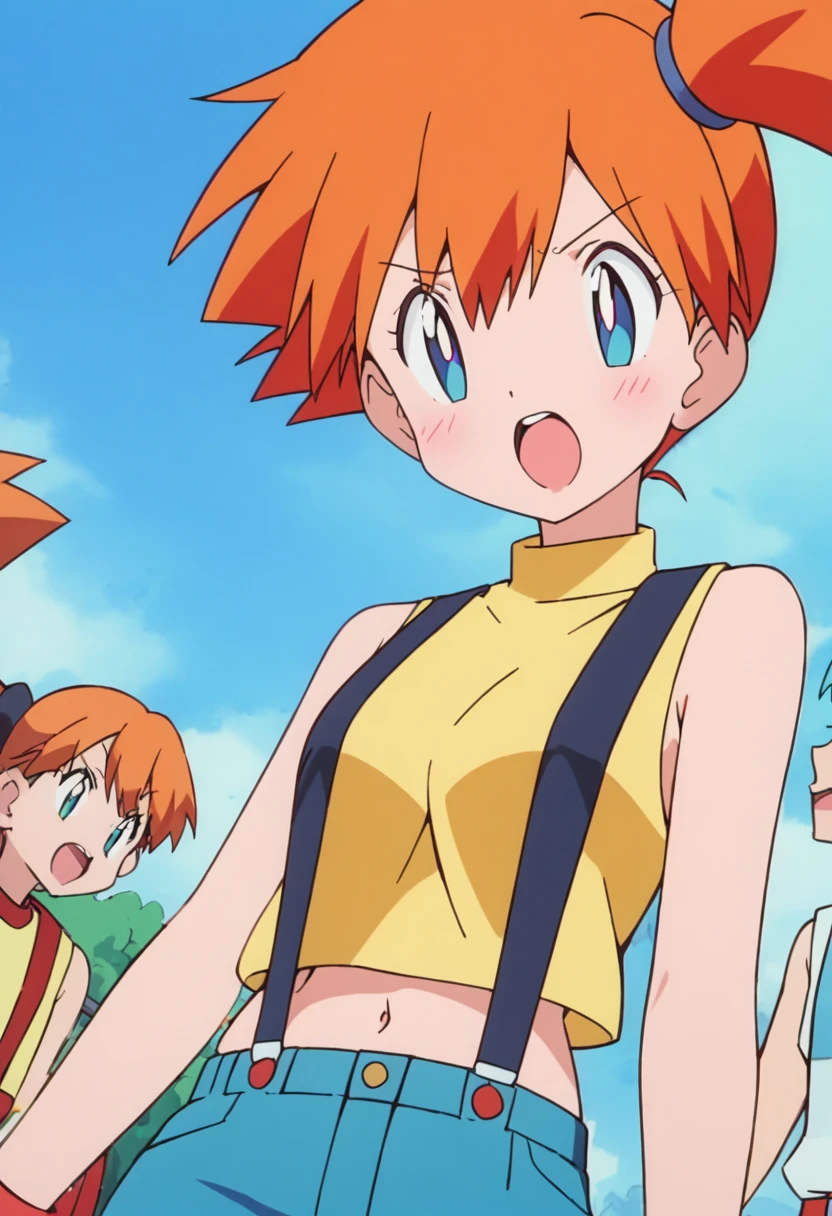 score_9, score_8_up, score_7_up, score_6_up, score_5_up, zPDXL2, max detail, 4k wallpaper, masterpiece, best quality, absurdres, highres, dynamic angle, source_anime, PokemonStyle, pokemon \(anime\), pokemon \(classic anime\), flat color,
1girl, solo, misty (pokemon), open mouth, orange hair, blue eyes, upper body, suspenders, side ponytail, breasts, teeth, blush, outline, shirt, short hair, yellow shirt, navel,blue background, simple background, sleeveless, bangs, looking to the side, upper teeth only, bright pupils, bare shoulders, sleeveless shirt,, tongue,