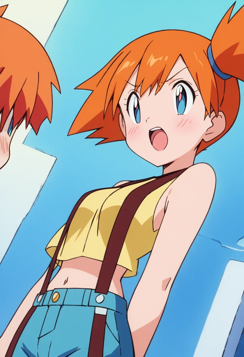 score_9, score_8_up, score_7_up, score_6_up, score_5_up, zPDXL2, max detail, 4k wallpaper, masterpiece, best quality, absurdres, highres, dynamic angle,  source_anime, PokemonStyle, pokemon \(anime\), pokemon \(classic anime\), flat color,
1girl, solo, misty (pokemon), open mouth, orange hair, blue eyes, upper body, suspenders, side ponytail, breasts, teeth, blush, outline, shirt, short hair, yellow shirt, navel,blue background, simple background, sleeveless, bangs, looking to the side, upper teeth only, bright pupils, bare shoulders, sleeveless shirt,, tongue,