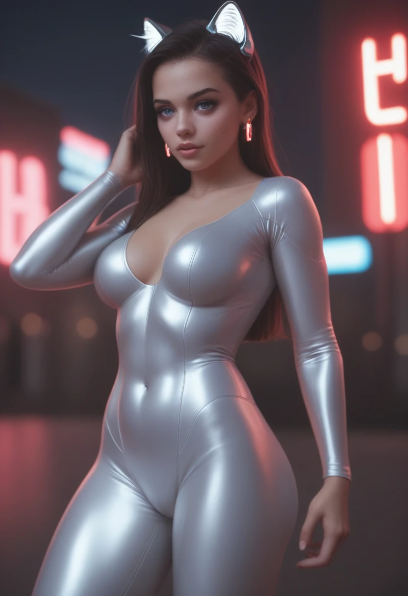 "A girl wearing a tight white bodysuit that accentuates her curves, with silver high-tech details, in a feline pose. She has a large bust and smiles widely, showing off her sharp feline teeth. Her eyes sparkle with a mysterious light, and her dark hair contrasts with her pale skin and the white bodysuit. She wears earrings resembling cat ears. The scene is set in a futuristic city at night, illuminated by neon lights, creating an atmosphere of mystery and danger. The image should be highly detailed with a focus on realism, using a cyberpunk art style. The neon lights should reflect off the metallic details of her bodysuit, and her eyes should have a glossy, almost otherworldly shine. Use a cinematic wide-angle shot with a shallow depth of field to make the character stand out against the blurred background. The lighting should emphasize the contrast between the bright neon lights and the dark, shadowy areas of the city. Use a high-resolution setting to capture intricate details of the bodysuit and facial features."