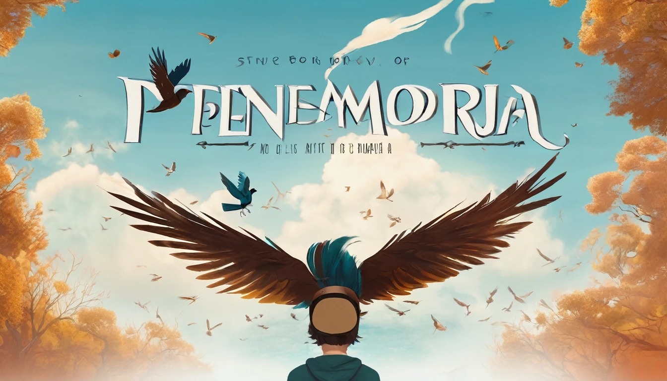 Create a professional, fantastic, cinematic Youtube Banner for a brand about music and stories called " Penamemoria". Masterpiece, 4k, sharp focus, highest quality,wide shot. The title is " Penamemoria". Is a brand about the creative, unique journey of a boy into becoming a musician storyteller. In his journey he finds inspiration in a world of birds and feathers. Minimalistic, simple, poetic, dreamy logotype at the center of the image. The Background image is a world full of fantastic feathers, unique birds, light blue sky, and a boy running happily into the horizon with an acoustic guitar in his right hand. Boy running against the wind, almost simulating like he is flying
