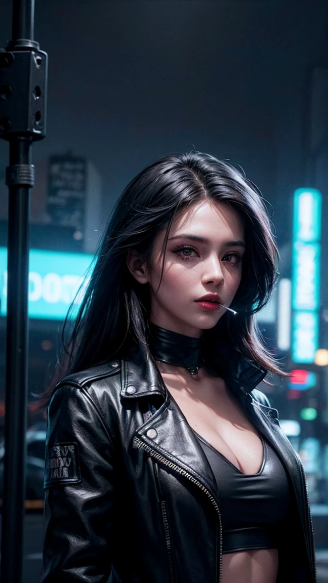 beautiful woman in cyberpunk black leather coat smoking cigarette, neon city, intricate detail, ultra-detailed, 8k, photorealistic, dramatic lighting, cinematic, moody, neon lights, rainy street, futuristic, dark, sci-fi, synthwave, strong contrast, character portrait, sexy