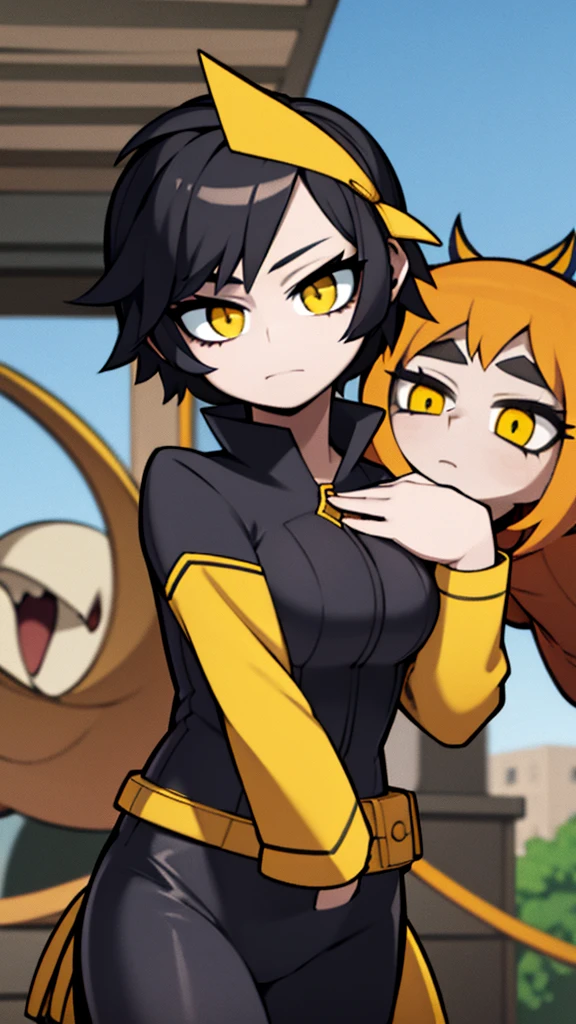 Adolescent, Woman, short black hair, yellow eyes, perfect body, very beautiful, Boku no hero academy, Military style hero suit,