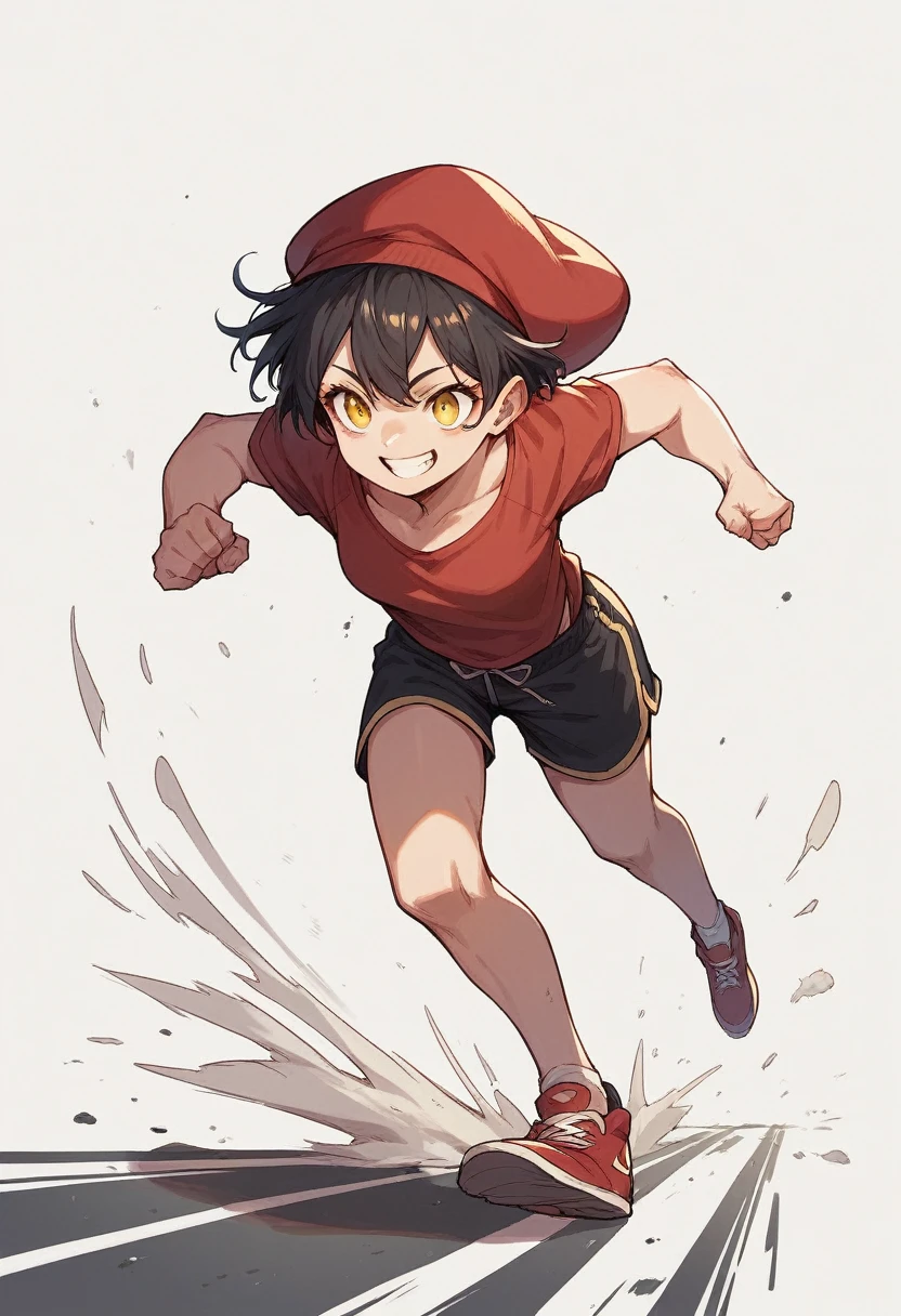 A girl, smile, black short hair, big yellow eyes, no body, running, simple white background, with a red hat