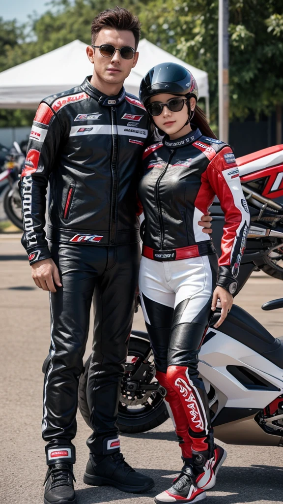 male and female couple. 'Racing Boy' style Exciter 150 motorbike