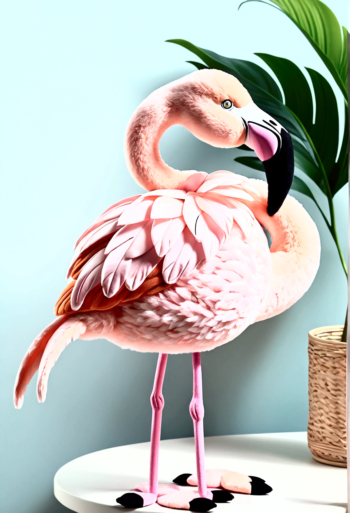 1 super adorable plush toy, (flamingo bird),, pastel hues, exceedingly cute, ultra-realistic, UHD, mascot.
The plush toy, shaped like a playful flamingo, is a sight to behold with its ultra-cute design. Its pastel colors add a soft and sweet touch, making it even more irresistible. With its ultra-realistic features, every detail is crafted to perfection, from its beak to its feathers, ensuring a lifelike appearance that captivates all who see it. This plush is more than just a toy; it's an UHD mascot that will bring joy and