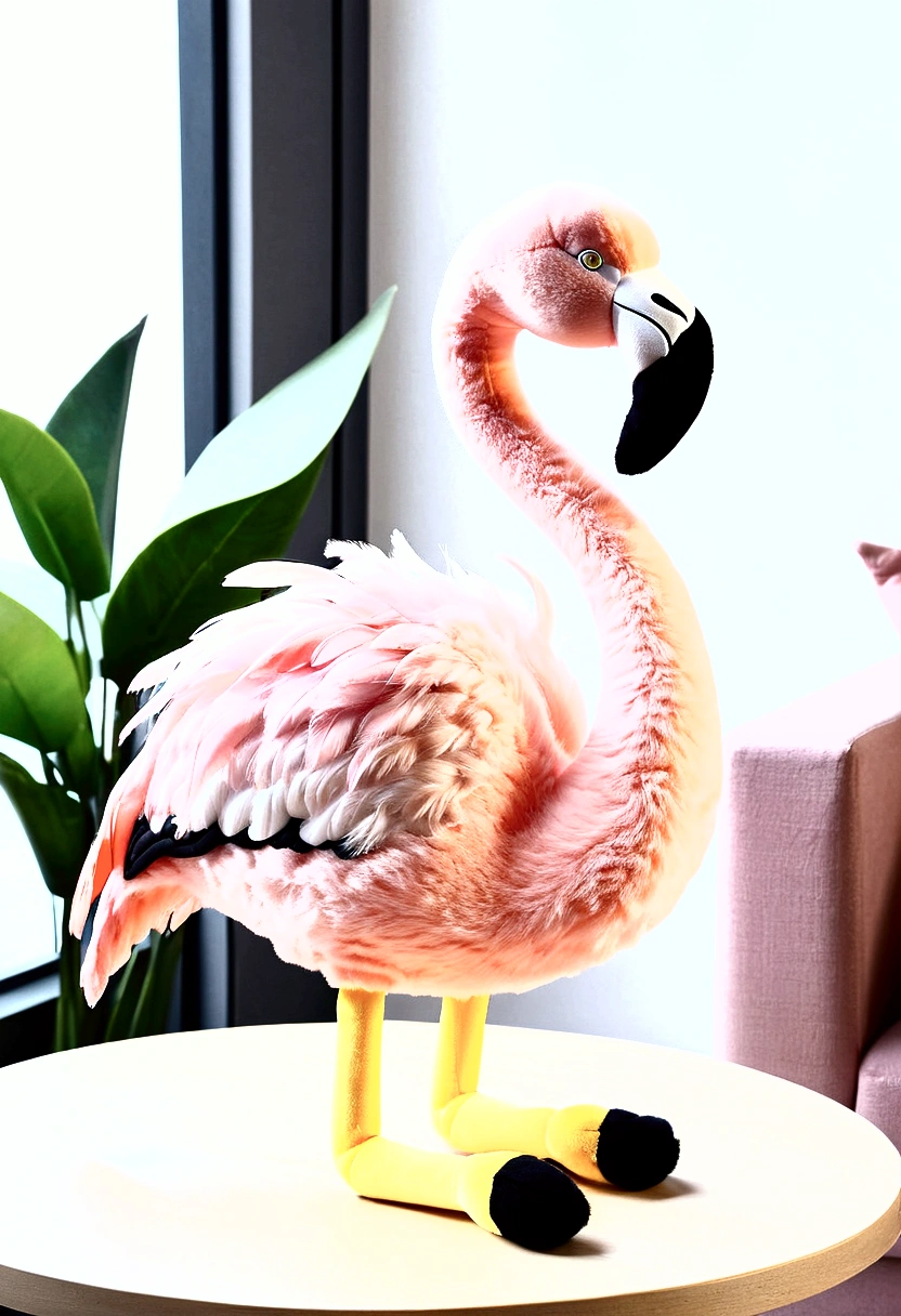 1 super adorable plush toy, (flamingo bird),, pastel hues, exceedingly cute, ultra-realistic, UHD, mascot.

The plush toy, shaped like a playful flamingo, is a sight to behold with its ultra-cute design. Its pastel colors add a soft and sweet touch, making it even more irresistible. With its ultra-realistic features, every detail is crafted to perfection, from its beak to its feathers, ensuring a lifelike appearance that captivates all who see it. This plush is more than just a toy; it's an UHD mascot that will bring joy and