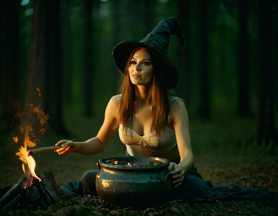 Sexy witches brewing a potent potion in a cauldron suspended over a crackling fireplace in a dimly lit, ancient-looking kitchen. (perfect face:1.6), (perfect realistic skin texture:1.5), (perfect eyes:1.5), photorealism, (sfw huge breasts:1.6)