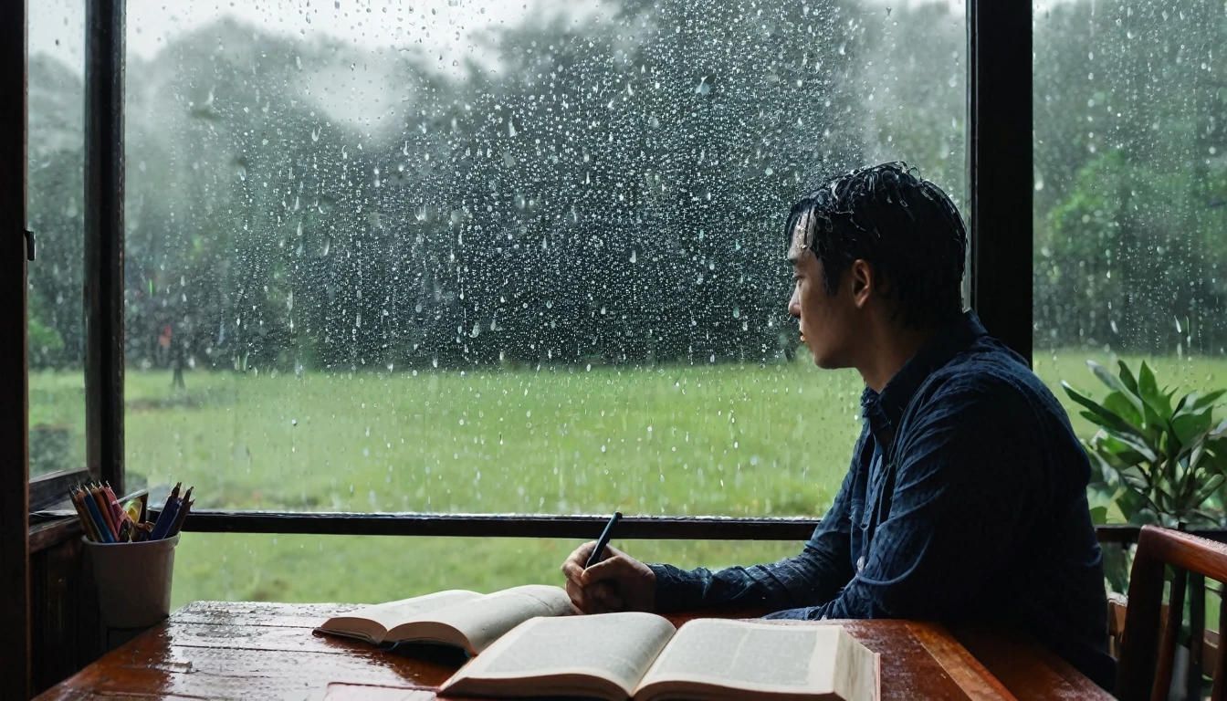 Perfect fingers,On a rainy day, inside a room with a floor-to-ceiling glass window. Raindrops are trickling down the glass, forming tiny droplets. The perspective is facing the window, with a clear view of the scene outside. Inside the room, there is a desk where a man sits, engrossed in reading a book. Around him, there are some books and stationery items. The light from outside filters through the rain-covered window, adding a cozy atmosphere to the room.