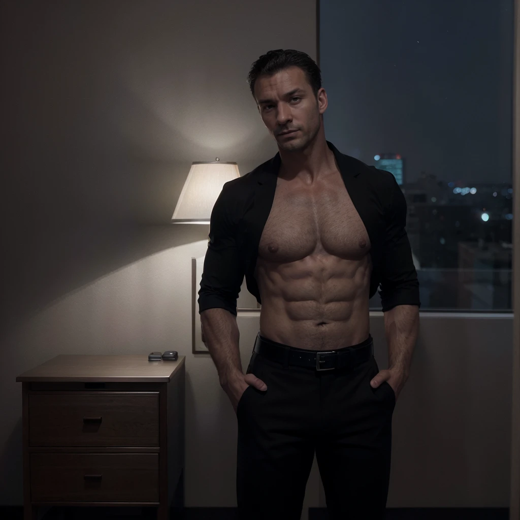Portrait of Glen Powell, he is wearing a tight white button up shirt-with-three-buttons-undone:1.4, (sleeves rolled up to his elbow; sleeves tight against his big biceps:1.3), (he is wearing fitted black suit pants, with belt:1.4), handsome man, attractive man, handsome male, (standing in hotel bedroom, hands in pockets:1.4), inspired by Pablo Munoz Gomez, editorial photograph, wide angle, upper portrait, by Roman Bezpalkiv, by Artur Tarnowski, maxim sukharev, by Gabor Szikszai, Highly Detailed, highly detailed, short brown hair, green eyes, ((nighttime:1.3)), muscular body, stubble, ((midnight:1.3)), ((only source of light: bedside table:1.3))