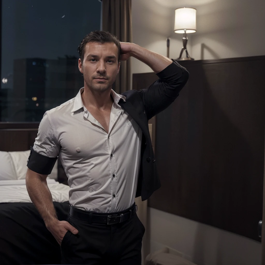 Portrait of Glen Powell, he is wearing a tight white button up shirt-with-three-buttons-undone:1.4, (sleeves rolled up to his elbow; sleeves tight against his big biceps:1.3), (he is wearing fitted black suit pants, with belt:1.4), handsome man, attractive man, handsome male, (standing in hotel bedroom, hands in pockets:1.4), inspired by Pablo Munoz Gomez, editorial photograph, wide angle, upper portrait, by Roman Bezpalkiv, by Artur Tarnowski, maxim sukharev, by Gabor Szikszai, Highly Detailed, highly detailed, short brown hair, green eyes, ((nighttime:1.3)), muscular body, stubble, ((midnight:1.3)), ((only source of light: bedside table:1.3))