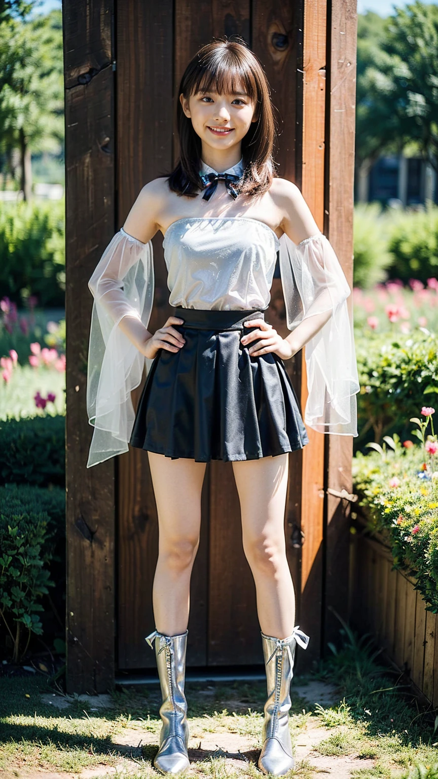 (8K、RAW Photos、Highest quality、masterpiece:1.2)、(Highest quality、Realistic)、1 Girl、((Tube top、mini skirt、Idol Costume、ribbon、Medium Hair、See-through、smile、silver、lame、Thin legs、whole body、boots、garden、View from the front、Looking into the camera、Stand with hands on hips))、cute