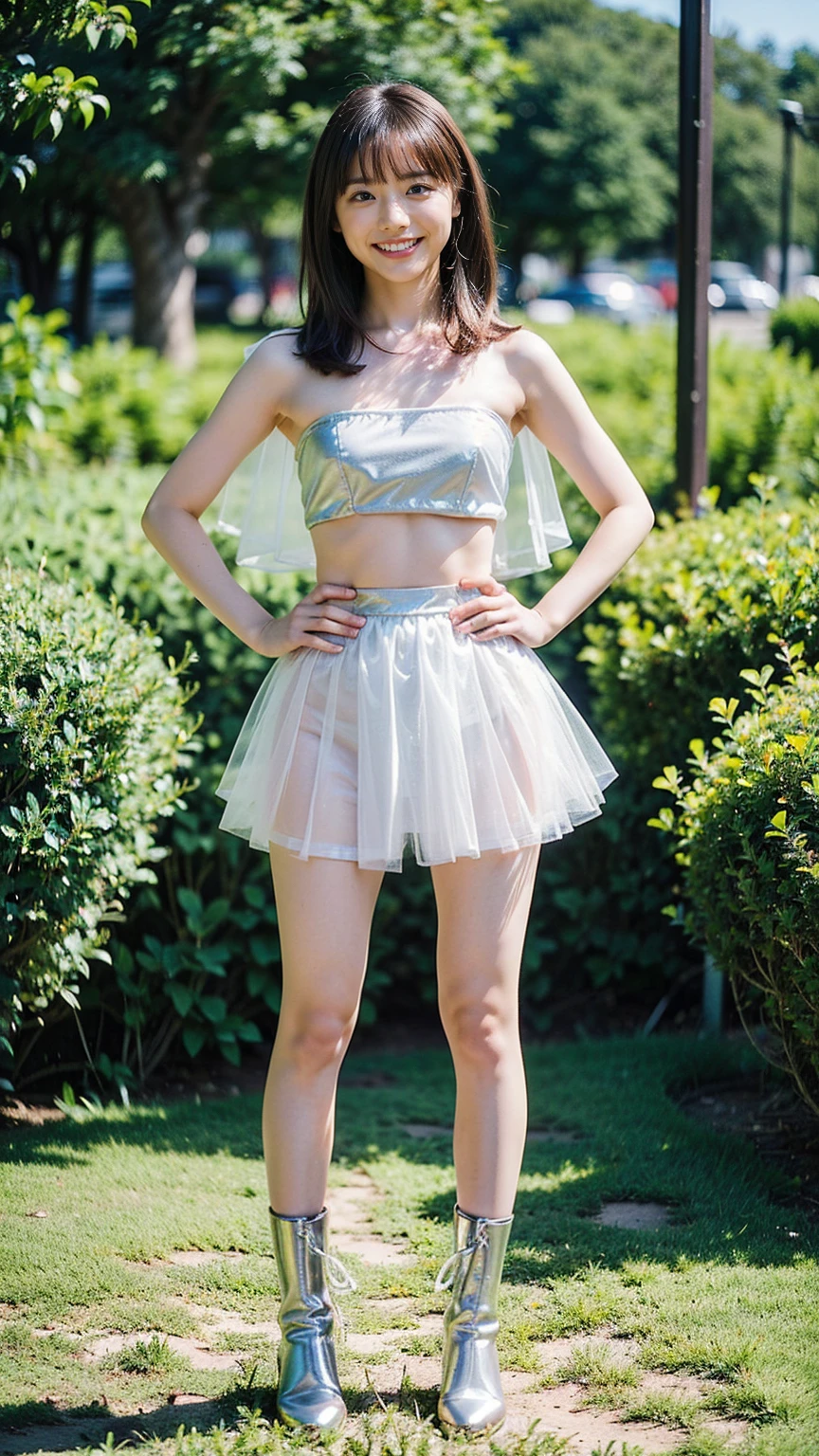 (8K、RAW Photos、Highest quality、masterpiece:1.2)、(Highest quality、Realistic)、1 Girl、((Tube top、mini skirt、Idol Costume、ribbon、Medium Hair、See-through、smile、silver、lame、Thin legs、whole body、boots、garden、View from the front、Looking into the camera、Stand with hands on hips))、cute