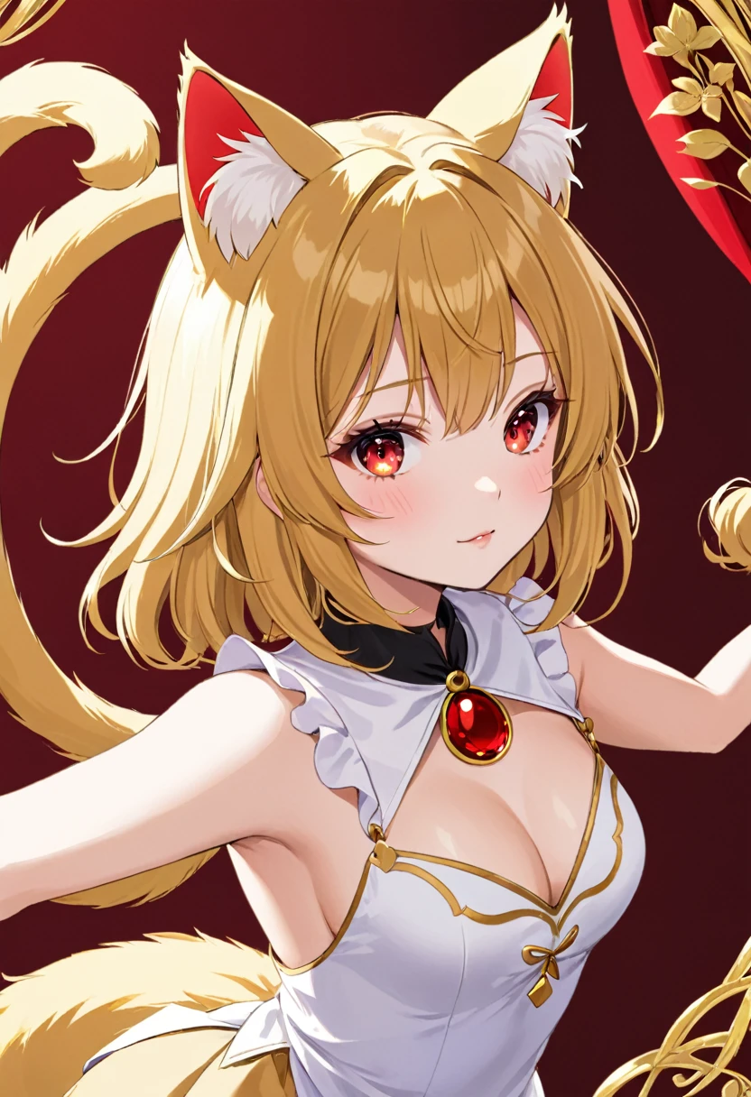 a girl with golden hair, golden cat ears and tail, and red eyes
