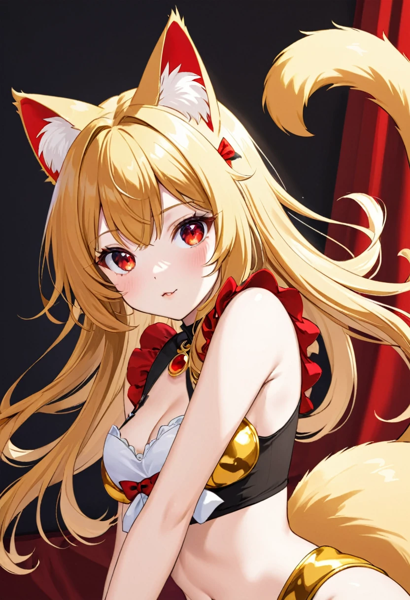 a girl with golden hair, golden cat ears and tail, and red eyes 