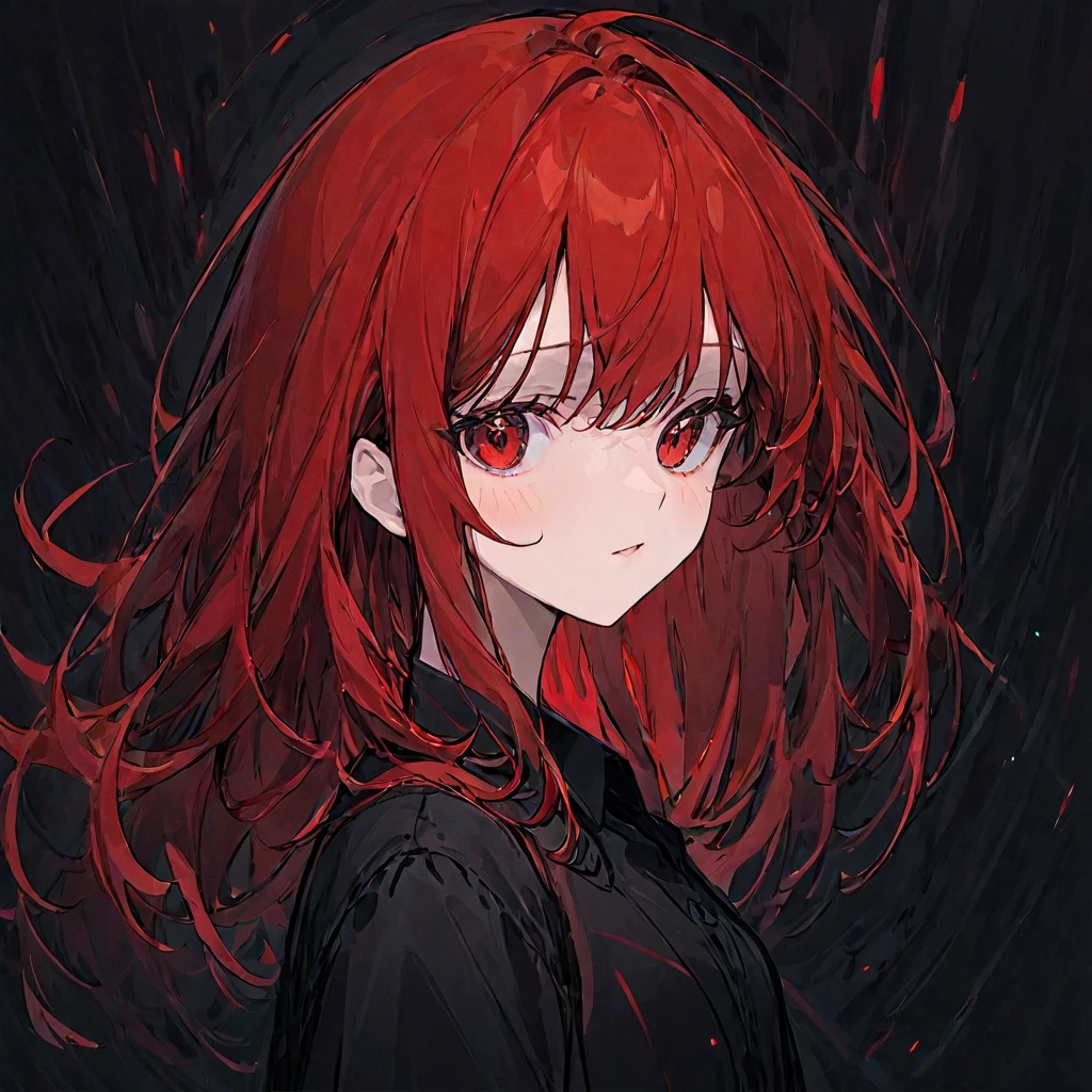 best quality, masterpiece, solo, 1girl, red hair, shirt,  red eyes, black beckground, full faces