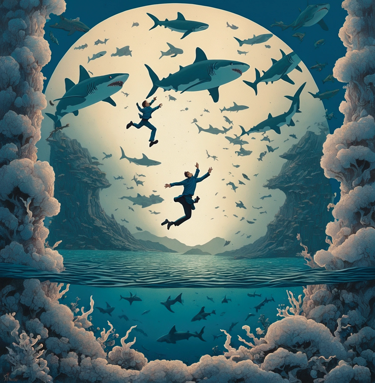 illustration of a man jumping into the ocean with sharks and fish, a surrealist painting inspired by Cyril Rolando, cg society contest winner, fantastic realism, cyril rolando and m.w kaluta, cyril rolando and m. w kaluta, rob gonsalves and tim white, jim warren and rob gonsalves, in style of cyril rolando