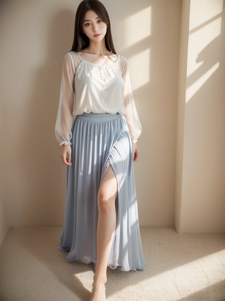 Chiffon blouse、Chiffon maxi skirt 、White Room、(Highest quality)、((Very detailed))、4K、(8K)、masterpiece、Very detailedな、Highest quality、Super Resolution、1 person、Kind Face、Soft Light、RAW quality、Soft Skin、163cm、30 years old、From the knee up