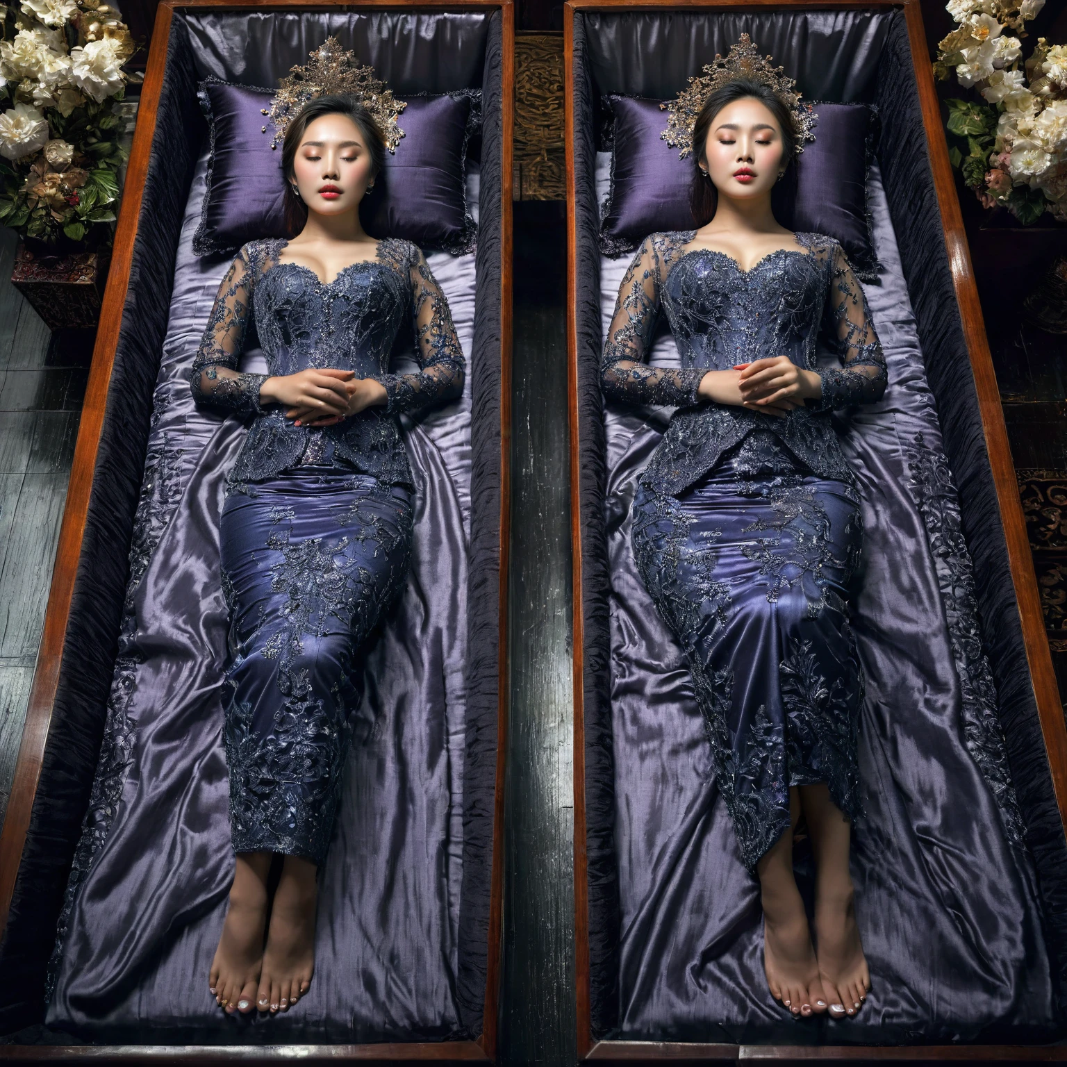 In a striking 8K HDR scene, a stunning Korean woman, 22 years old, lies peacefully in a black coffin surrounded by plush pillows. The deep box is set against a rich black background, accentuating the beauty of the subject. Her exquisite deep-V neckline kebaya attire is embroidered with superb detail, showcasing her round and firm breasts, perfect cleavage, and beautiful eyebrows. Her closed eyes and mouth give an air of serenity, while her visible and absolute cleavage leave nothing to imagination. The scene is bathed in saturated colors, highlighting every intricate aspect from the ball skirt to her clean face, straight body, detailed hand perfect hands, straight body, own hands together, own hand on stomach, detailed hands, perfect hands.