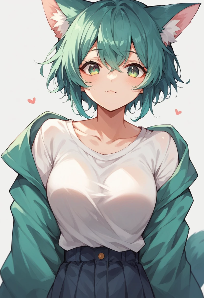 a closeup of a cartoon character with fox ears, fox girl, mikudayo, anime moe art style, Cat Mimi, short hair, anime girl with teal hair