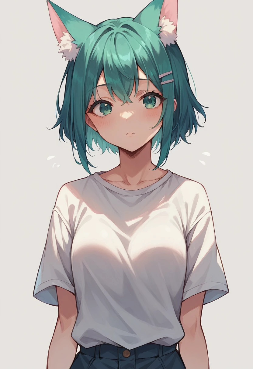 a closeup of a cartoon character with fox ears, fox girl, mikudayo, anime moe art style, Cat Mimi, short hair, anime girl with teal hair